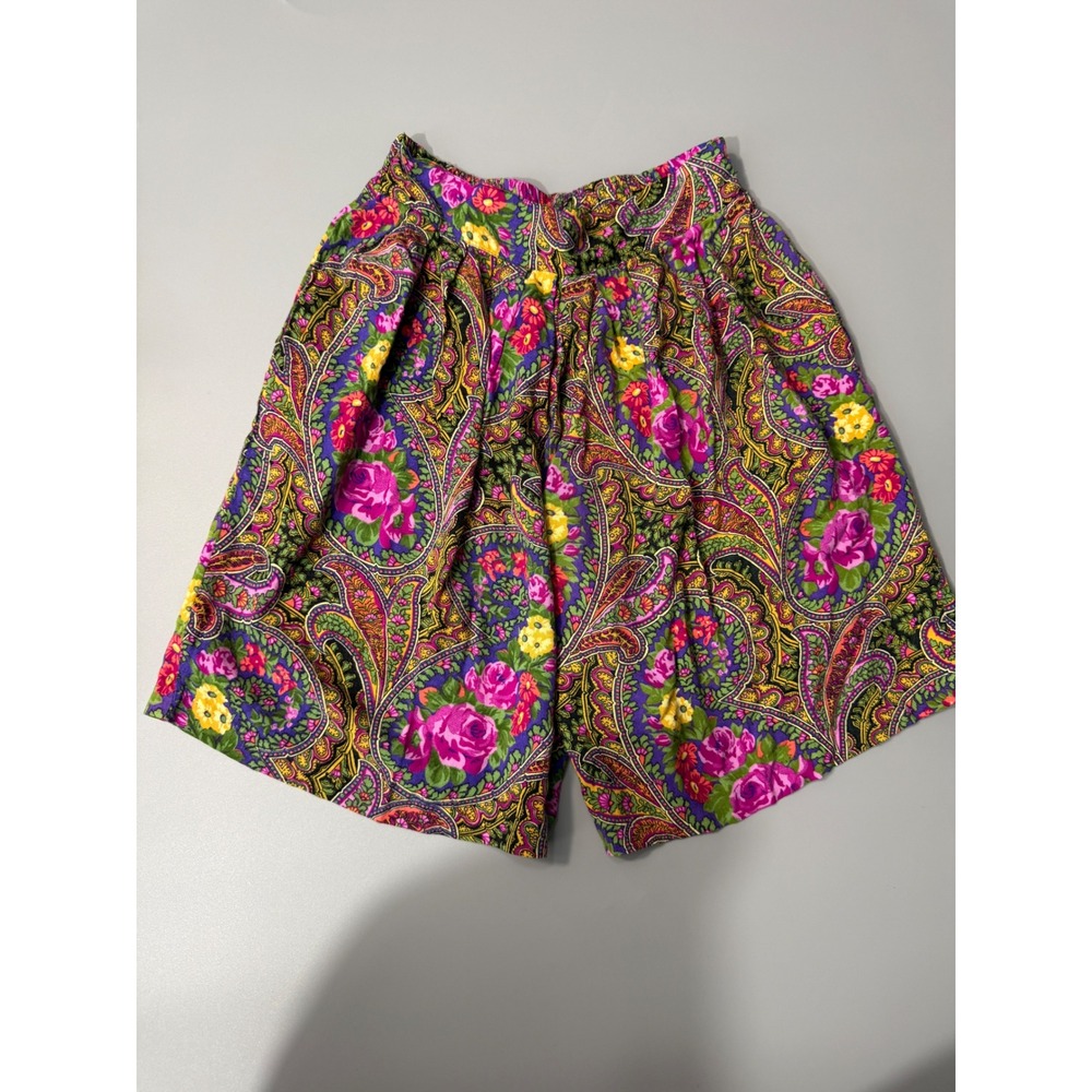 Vintage 90s Léger Rayon Floral Paisley Shorts Womens S High Rise Cottagecore